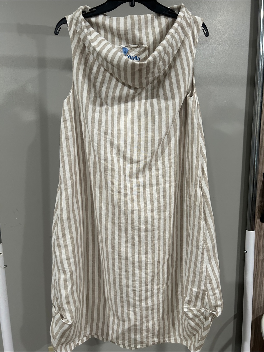 Striped Sleeveless Cowl Neck Tunic — Cream & Beige100%linen